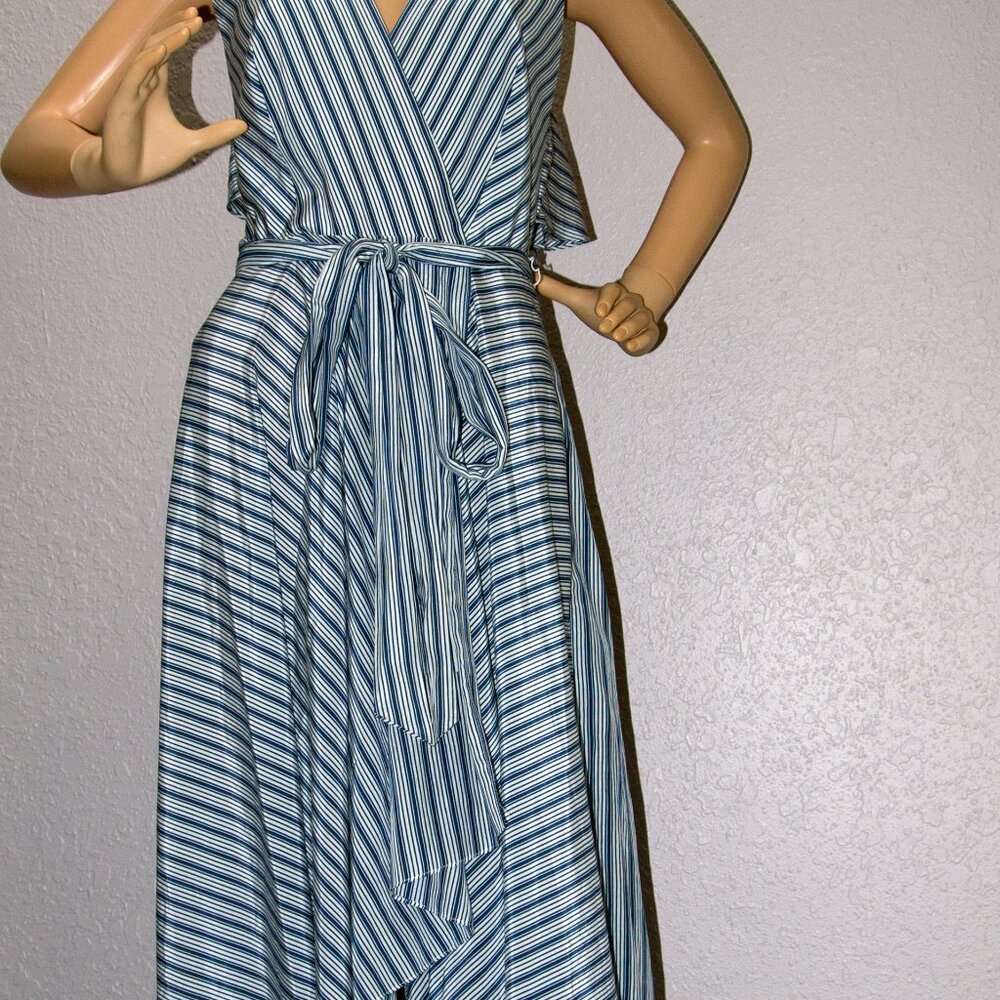 Striped Wrap Dress Navy and White with Open Back Size 4 Silk Blend Brooklyn - Picture 2 of 12